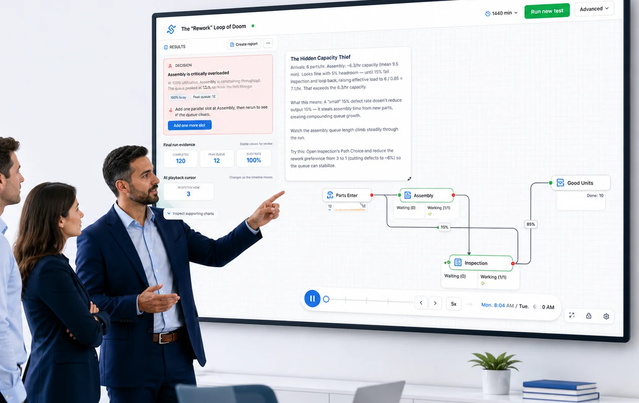 Lean consultant presenting the Simply Solver rework loop model to clients on a wall display